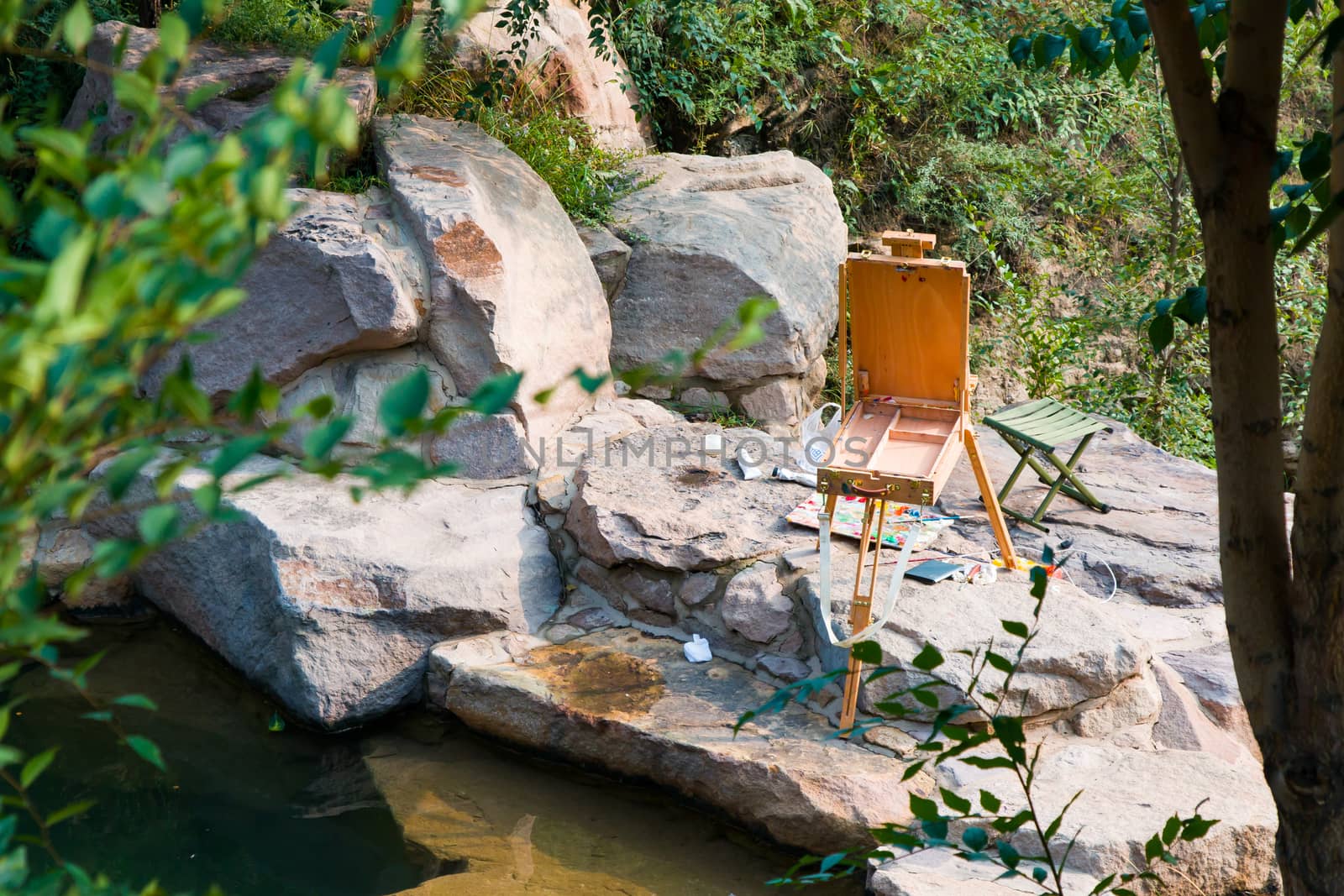 An artist's travel easel all set up ready to go.