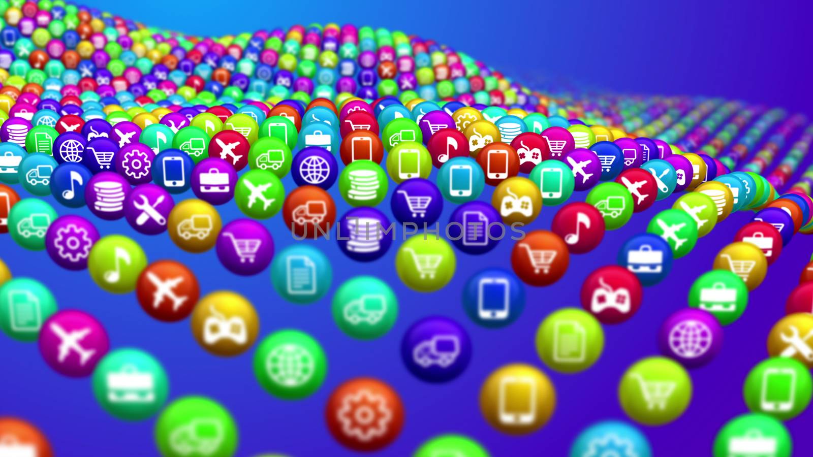 An original 3d illustration of wavy multicolored social mass media balls put in lines in the blue background askew. They offer various social services, but shopping dominates.