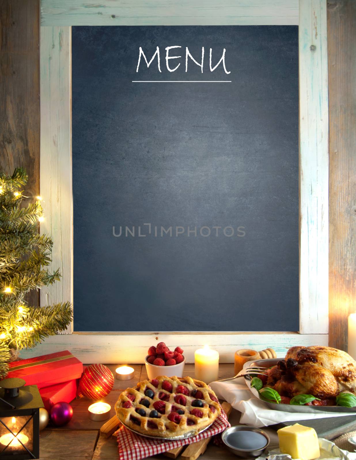 Christmas roast meal around a menu background 