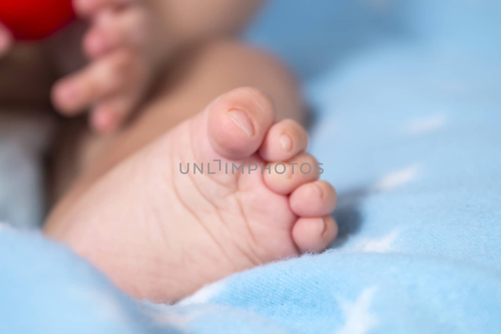 Close up of a cute tiny baby foot of a newborn boy.