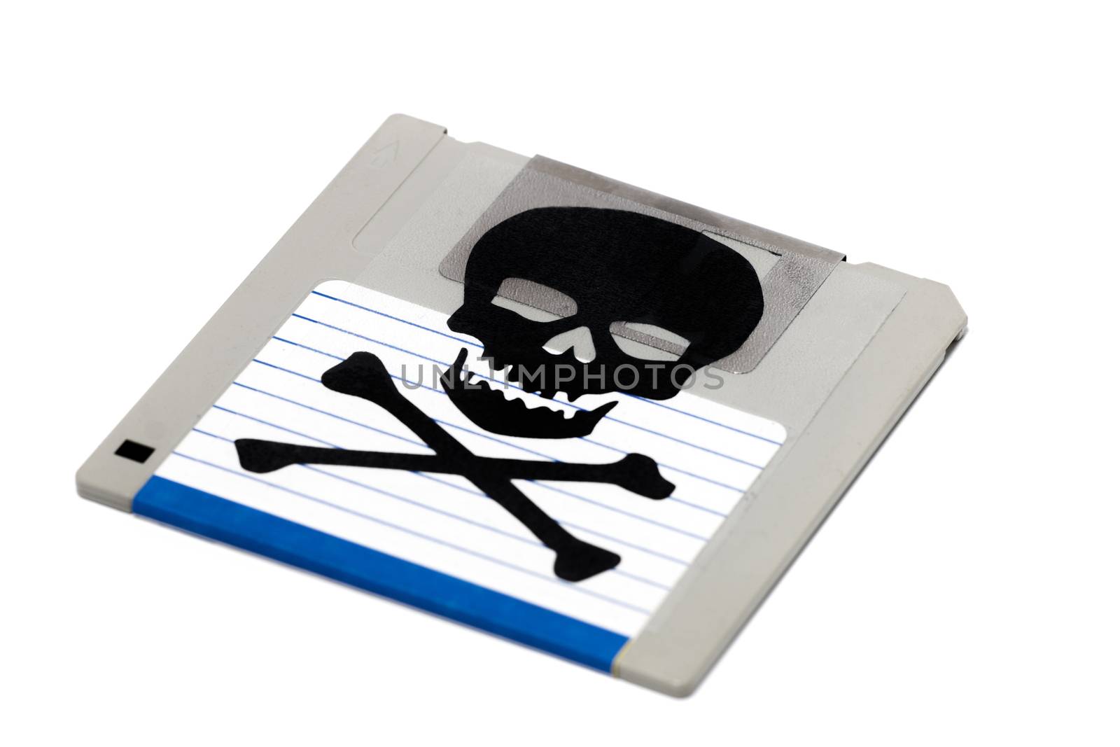 Close up view of a infected computer floppy disk isolated on a white background. Conceptual image with skull and bones.