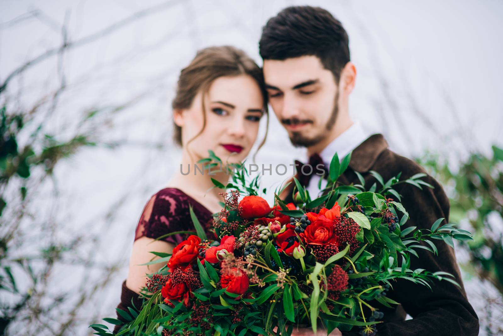 walk the groom and the bride in the Carpathian mountains by Andreua