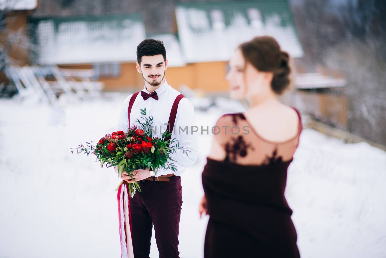 walk the groom and the bride in the Carpathian mountains by Andreua