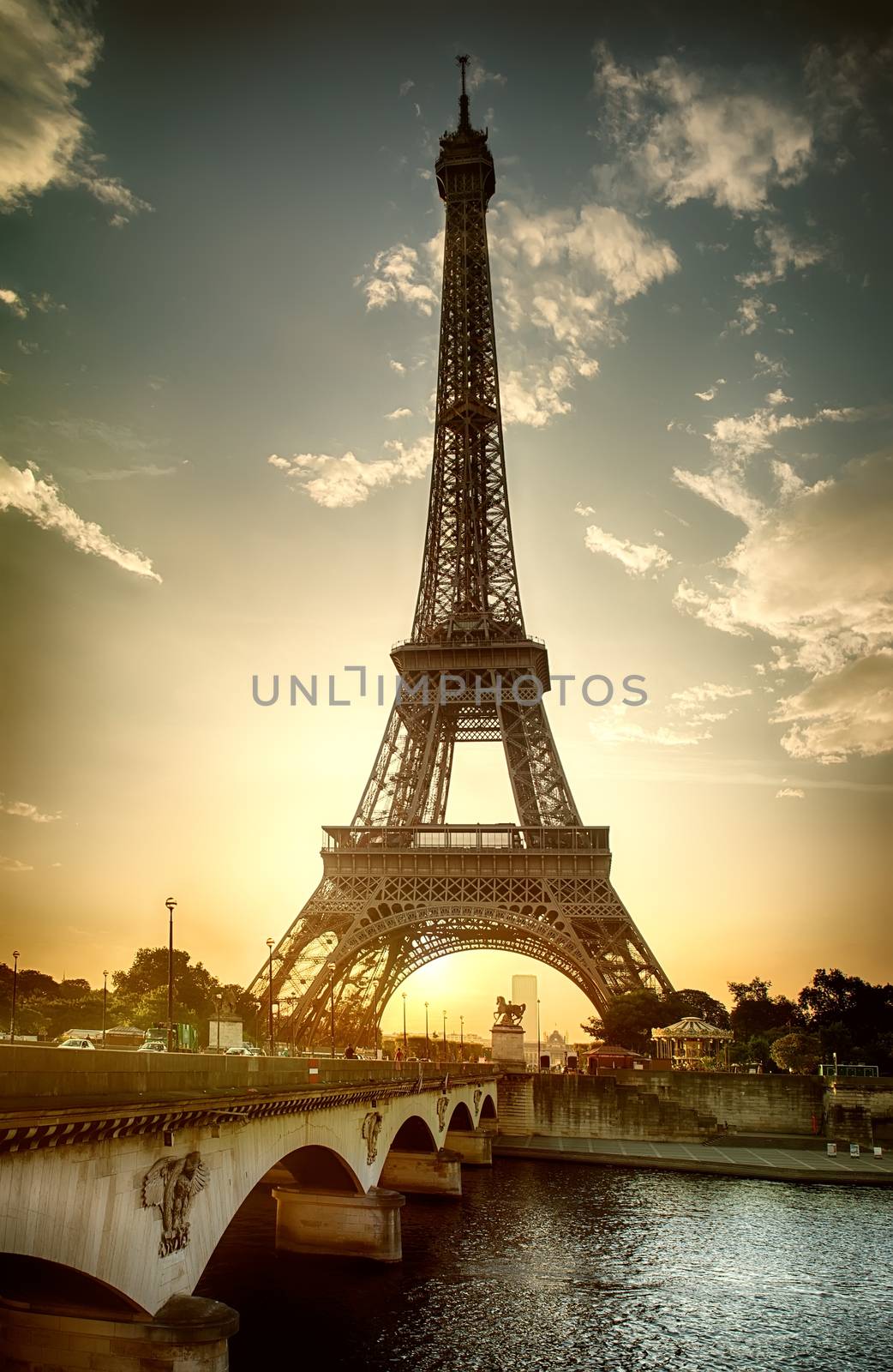 View on Eiffel Tower and Pont d'Iena on Seine in Paris, France