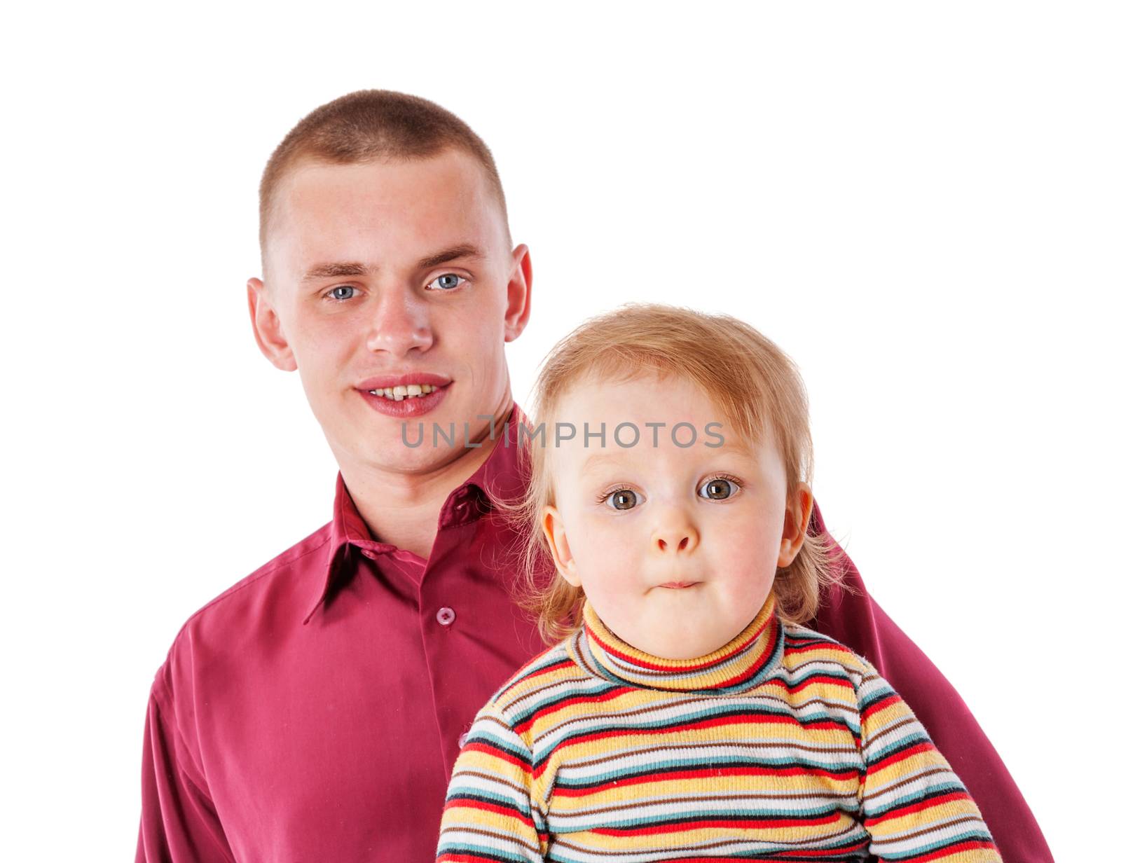 Happy Father holding tight one year daughter isolated on white