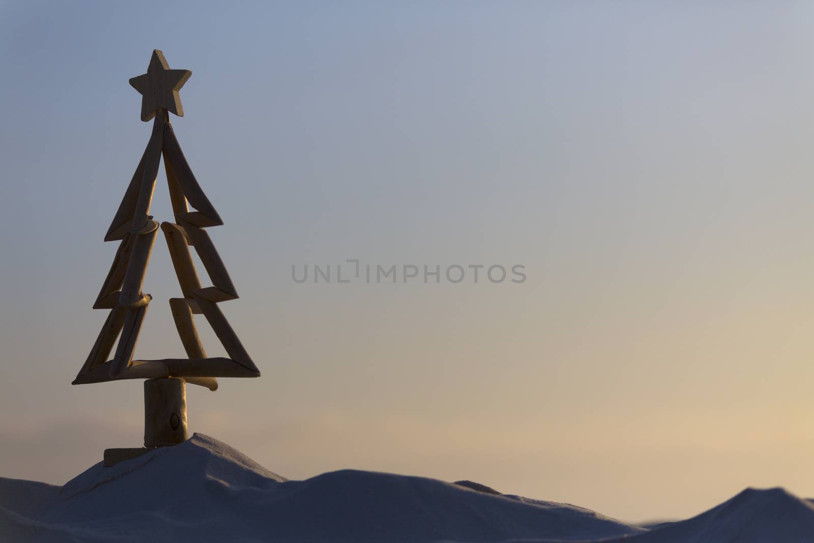 An aussie Christmas.  For Australians Christmas is celebrated in summer.  A driftwood Christmas tree stands in sand in the cool hours of morning just after sunrise