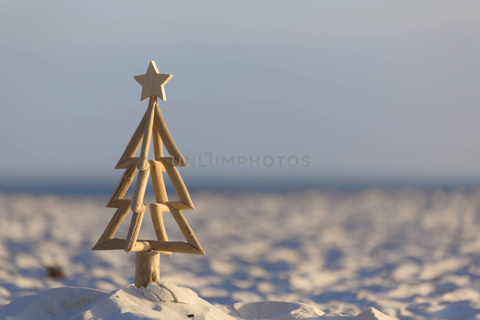 In Australia Christmas occurs in our summer months and lots of aussies celebrate Christmas outdoors or at the beach.  A driftwood Christmas tree stands in the sand of a beach in early morning light