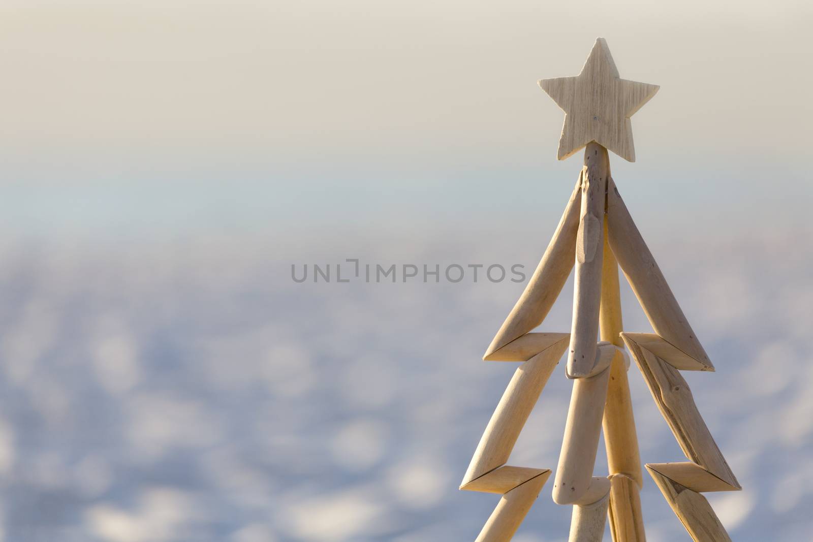 A driftwood Christmas tree closeup with the sand and surf out of focus behind