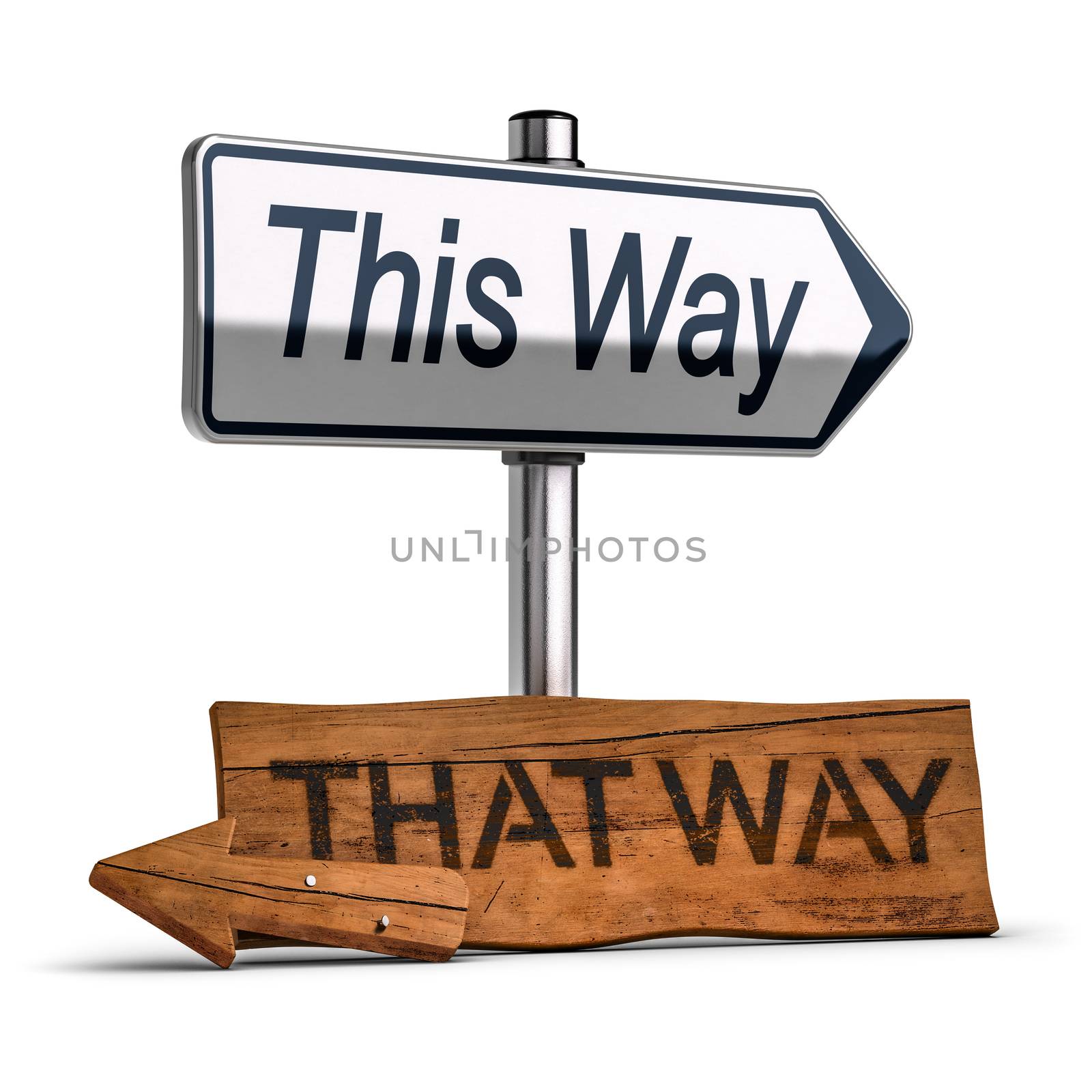 3D illustration of a wooden road signs pointng the past and an another one pointng the future over white background. Concept of making the right choice 