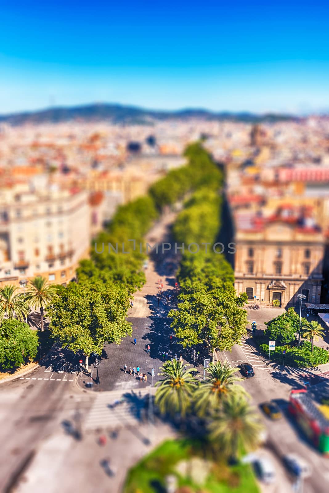 Aerial view of La Rambla pedestrian mall, Barcelona, Catalonia,  by marcorubino