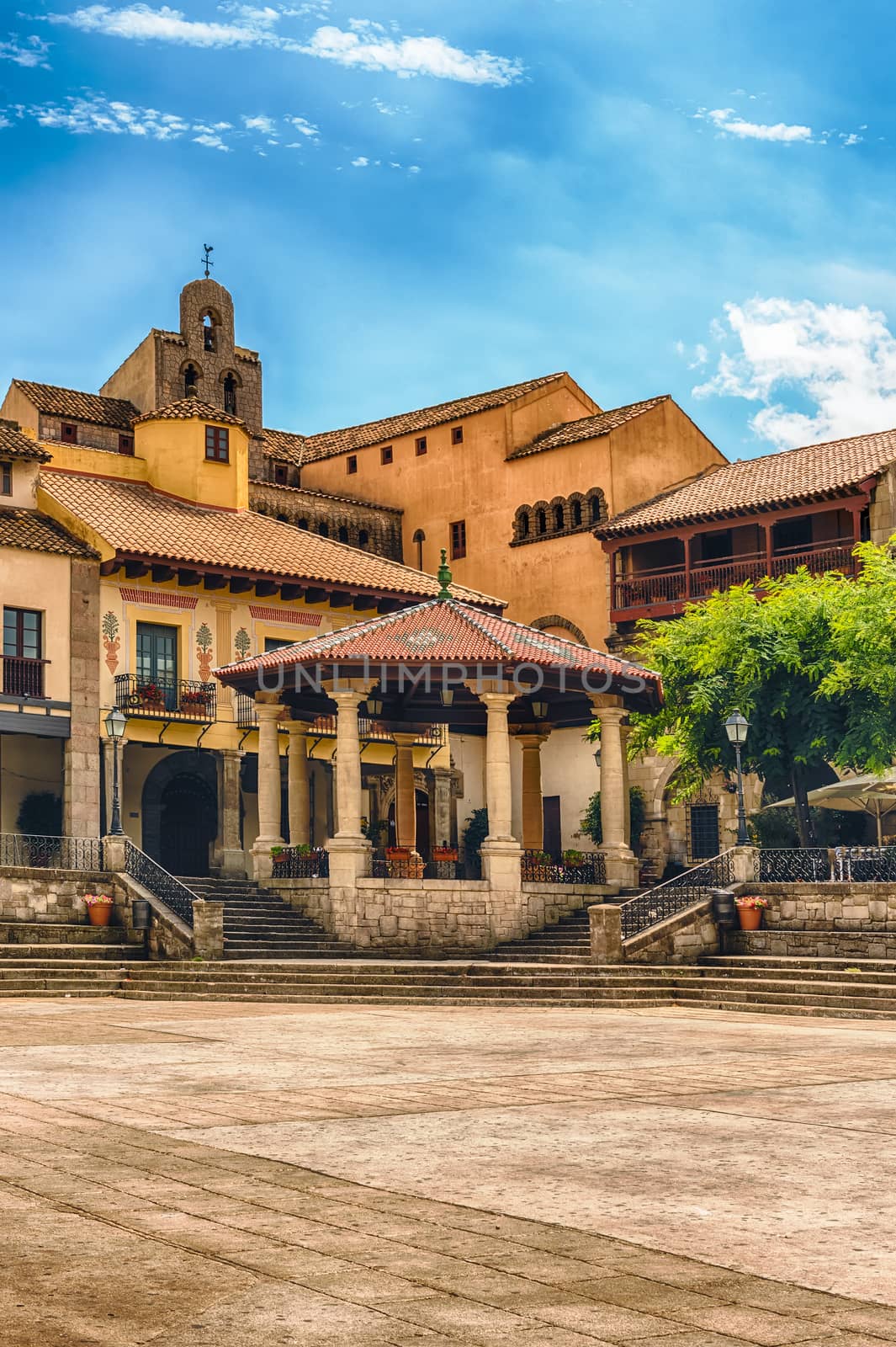 Plaza Mayor, main square in Poble Espanyol, an open-air architectural museum on the Montjuic hill in Barcelona, Catalonia, Spain