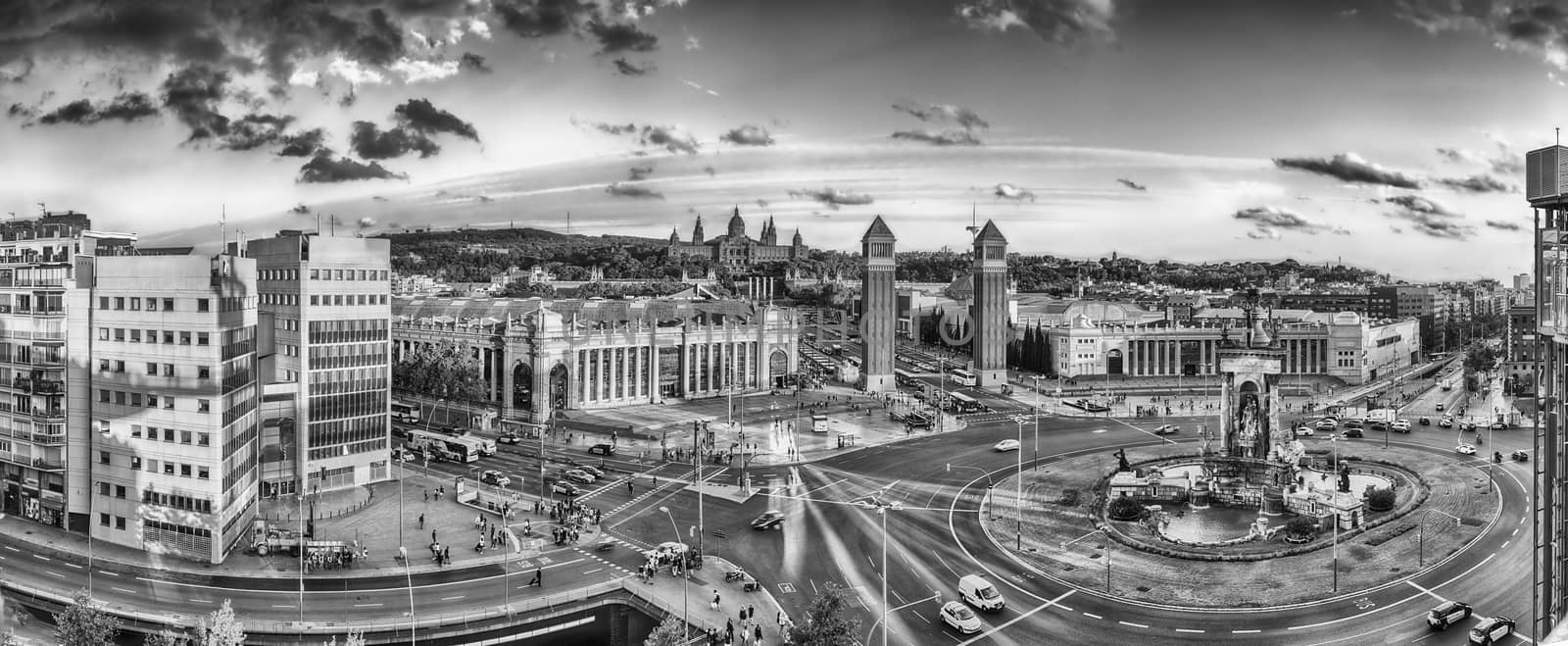 Panoramic view of Placa d'Espanya, towards Venetian Towers and National Art Museum. This iconic square is located at the foot of Montjuic and it's a major landmark in Barcelona, Catalonia, Spain
