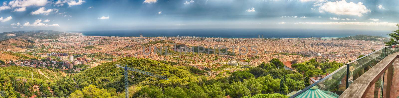 Panoramic aerial view from Tibidabo mountain over the city of Barcelona, Catalonia, Spain