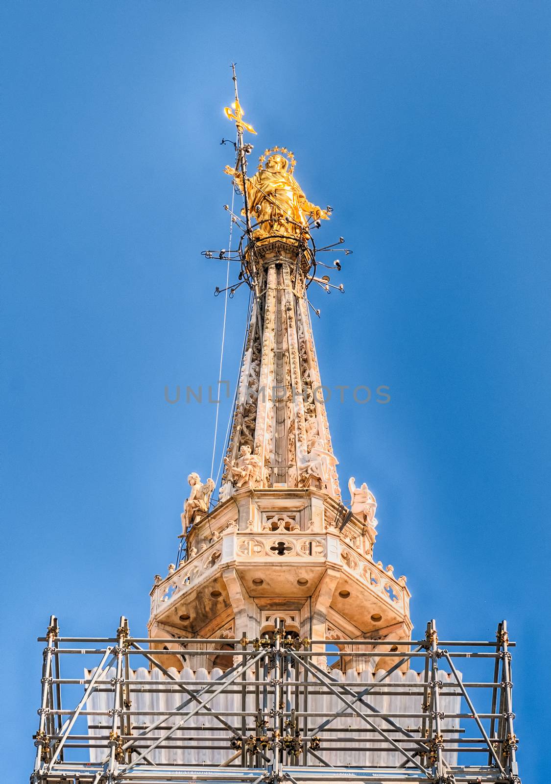 Golden Madonna statue on top of Milan Cathedral, Italy by marcorubino