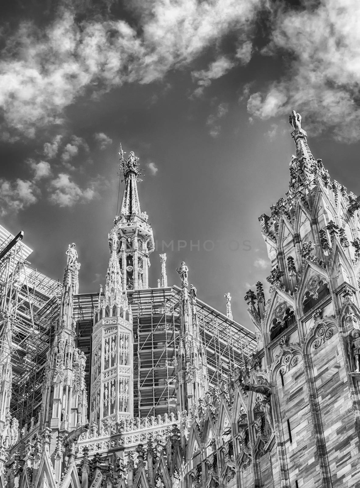 Spiers and statues on the gothic Cathedral of Milan, Italy by marcorubino