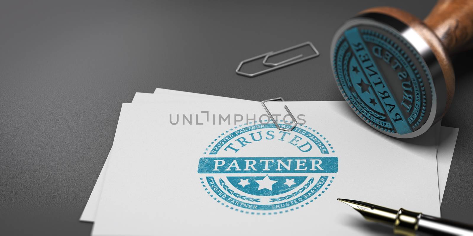 3D illustration of business cards with the text trusted partner and a rubber stamp. Concept of trusted business partnership.