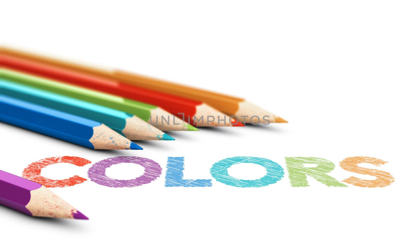 3D illustration of six wooden color pencils with the word colors over white background