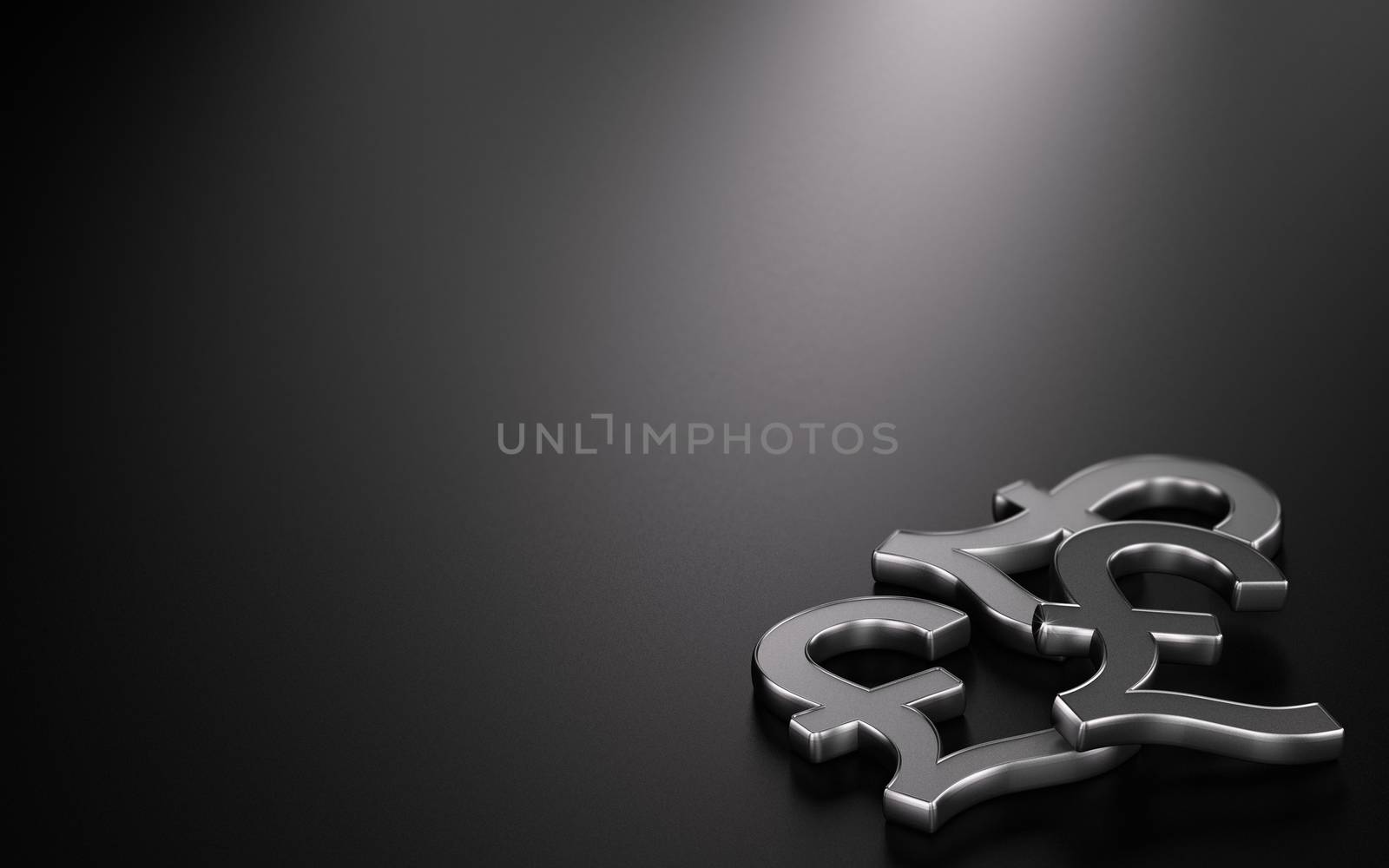 3D illustration of three Pound Sterling symbols over black background