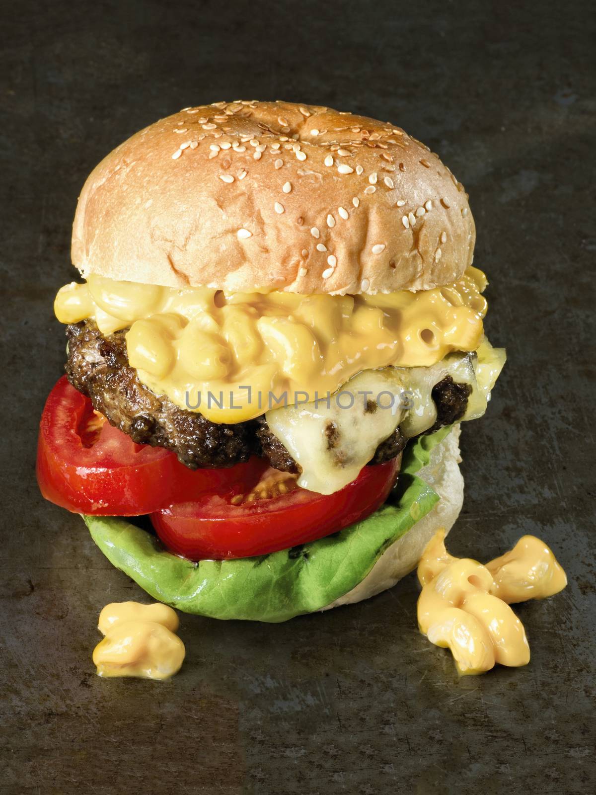 close up of rustic american mac and cheese hamburger