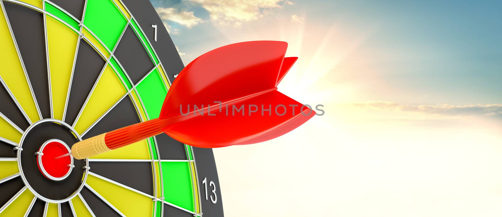 Target hit in center by arrows. 3d illustration by cherezoff