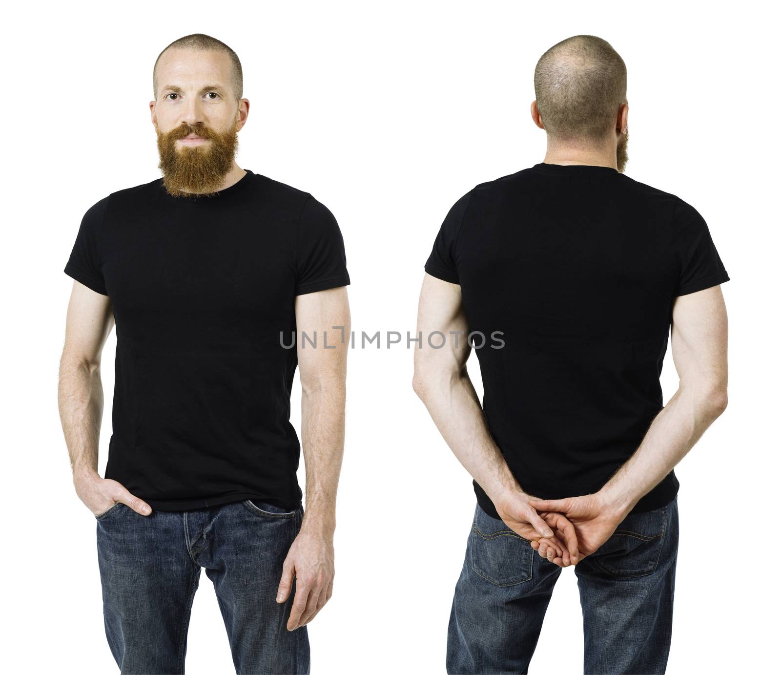 Photo of a man with a beard and wearing a blank black t-shirt, front and back. Ready for your design or artwork.