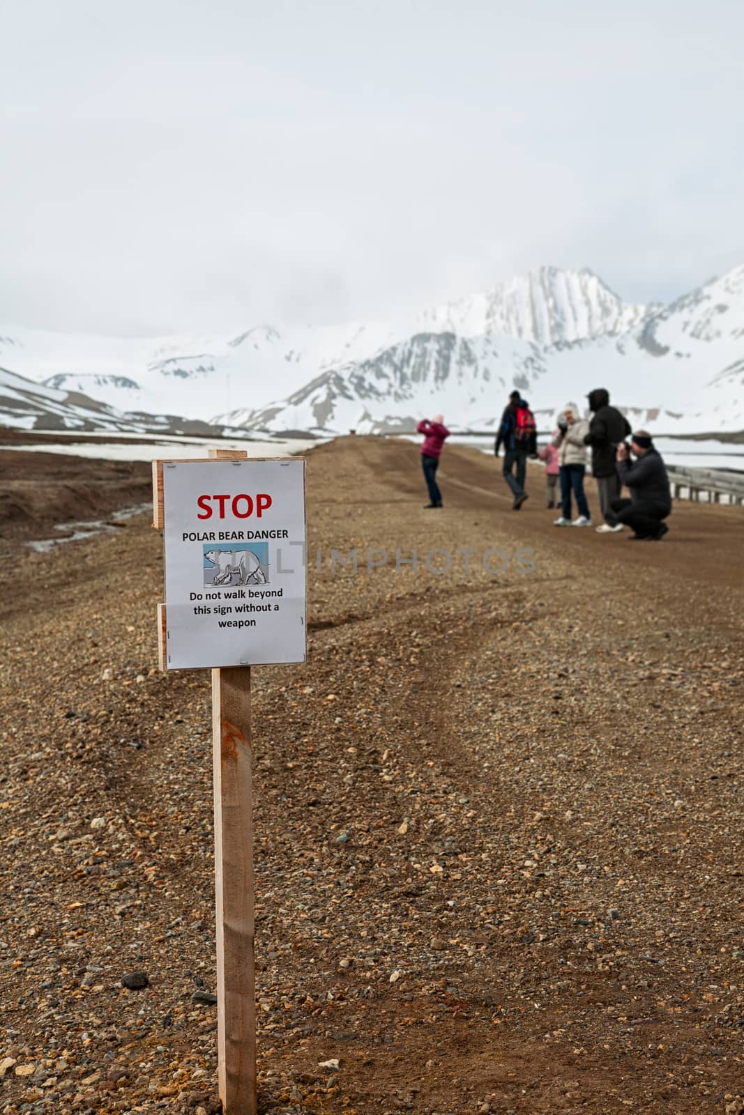 Stop sign polar bear danger in Ny Alesund, Svalbard islands, Norway