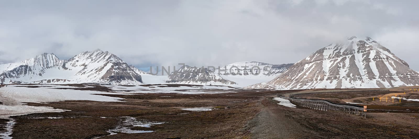 Panoramic mountain landscape in Ny Alesund, Svalbard islands, Norway
