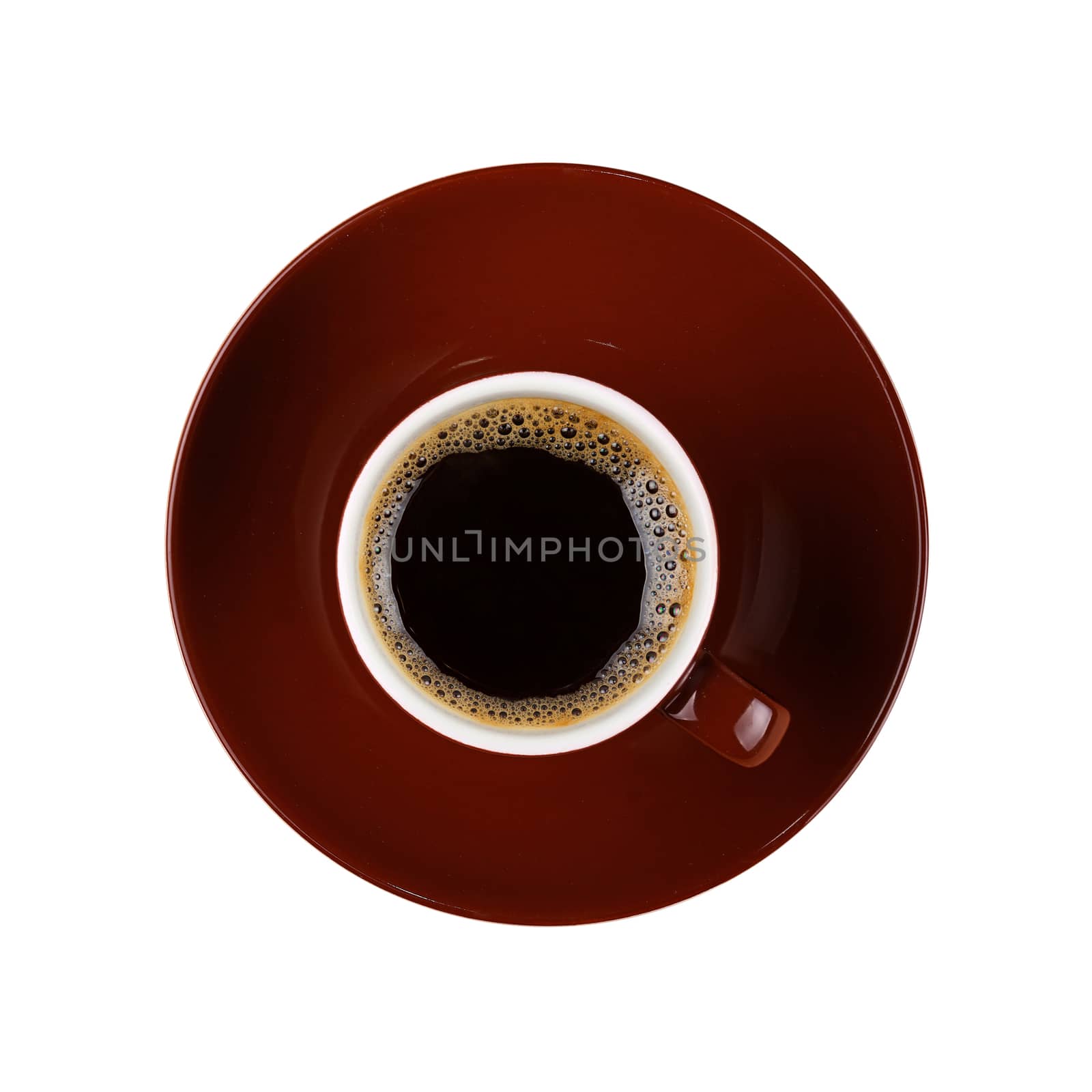 Full small brown ceramic espresso cup of black coffee with saucer isolated on white background, close up, elevated top view, directly above