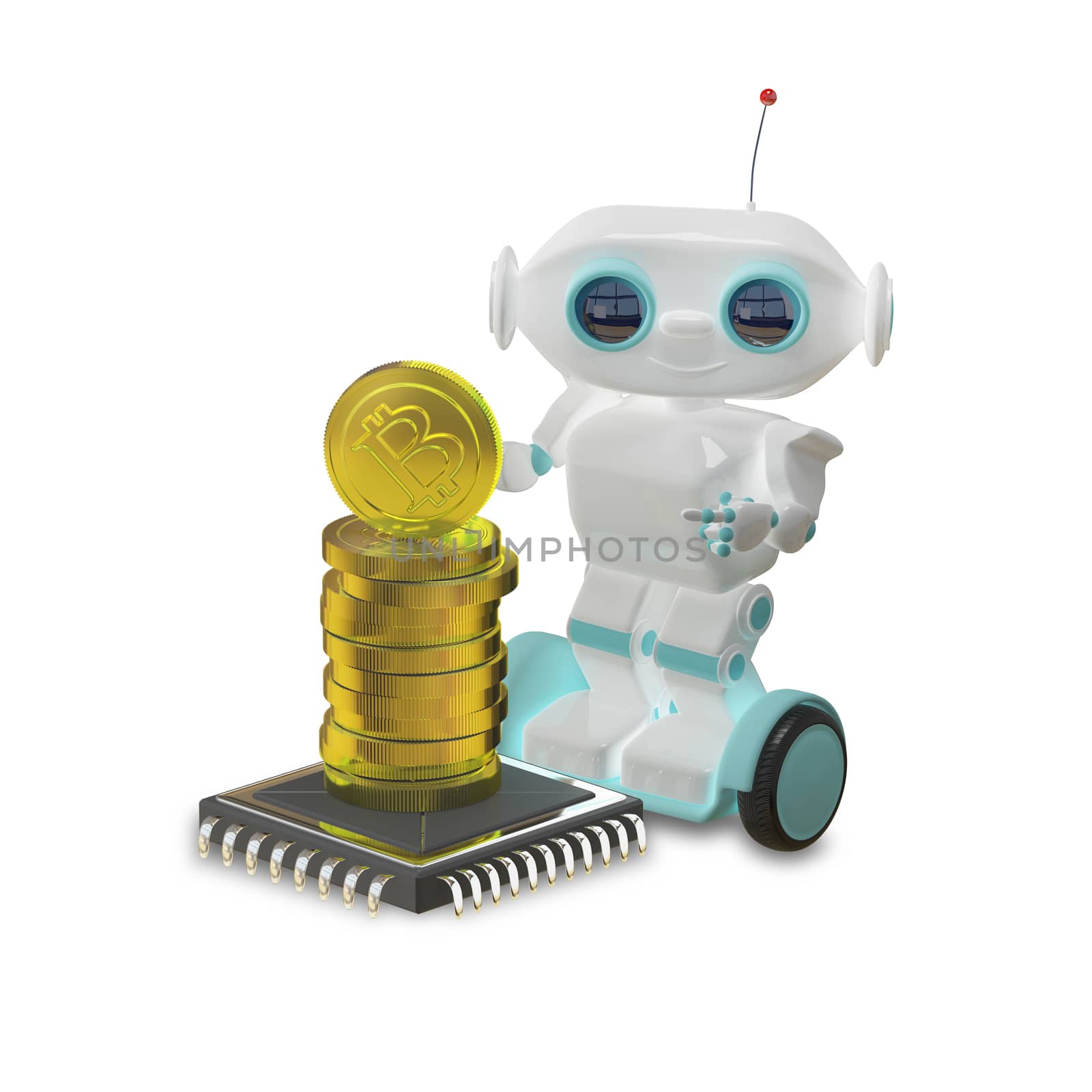 3D Illustration Robot and Bitcoins by brux