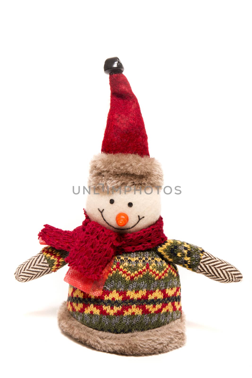 Stuffed Snowman toy isolated on a white background.