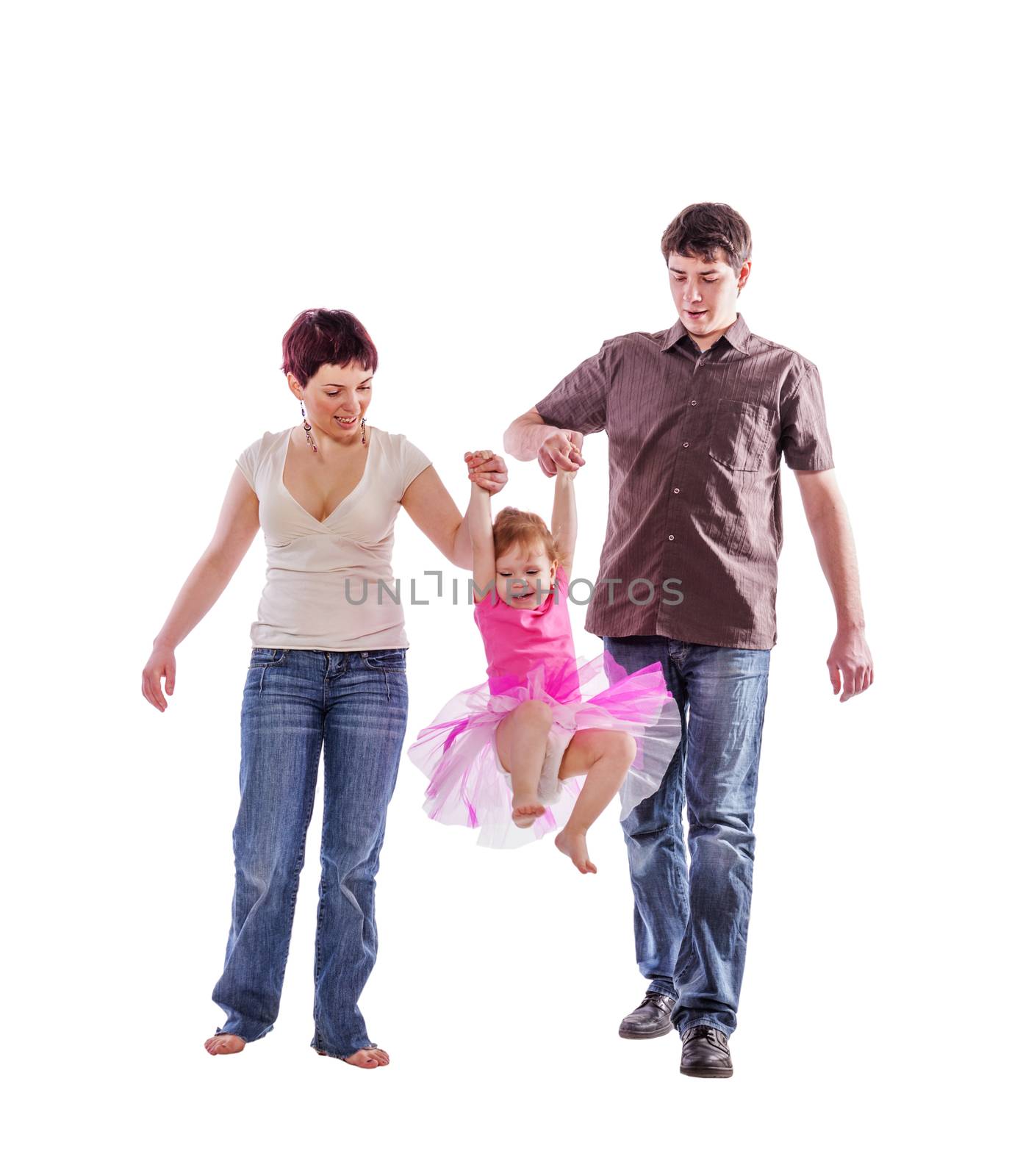 Happy Family playing with kid together isolated on white
