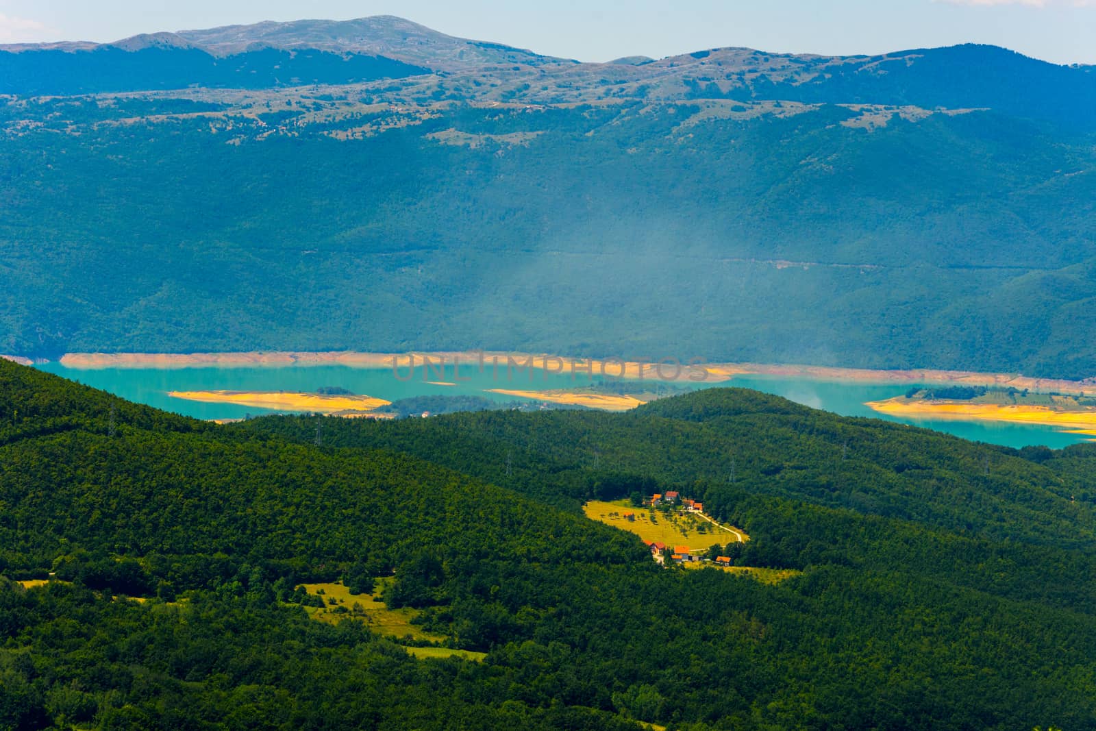 view to the Ramsko jezero from the mountain during sunny day