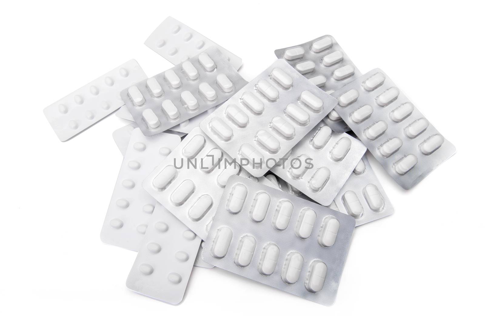 medical pills in Silver blister packs isolate on white background.