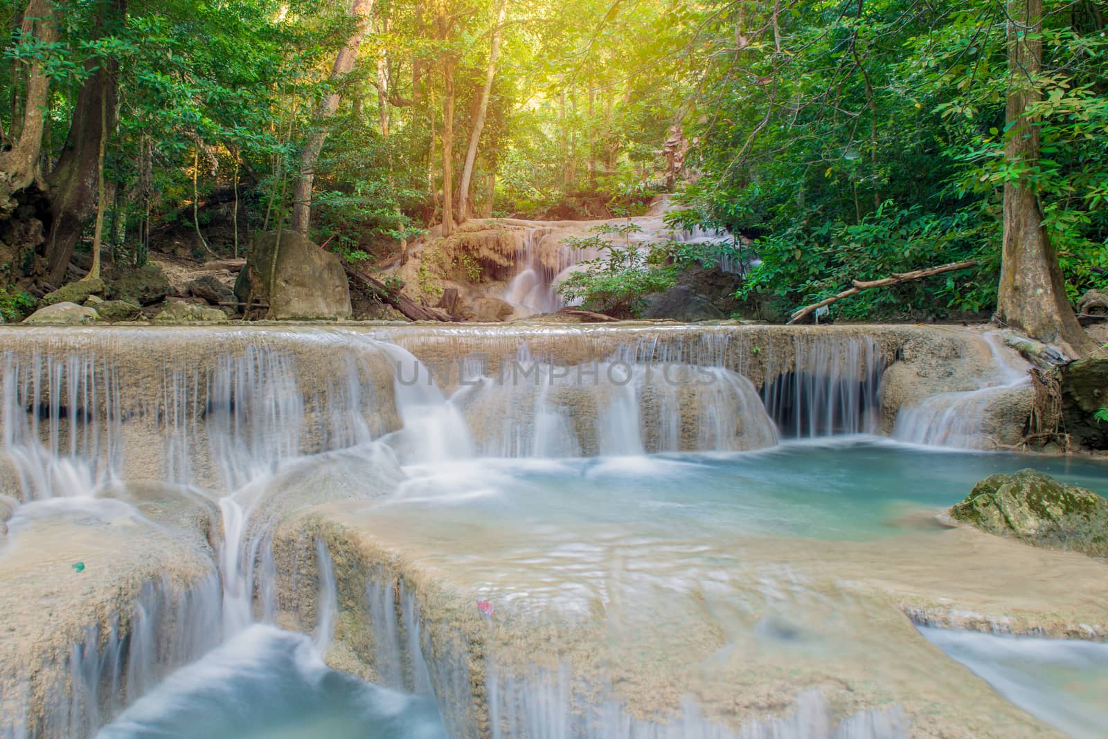 Waterfall in Deep forest at Erawan waterfall National Park, Thailand.