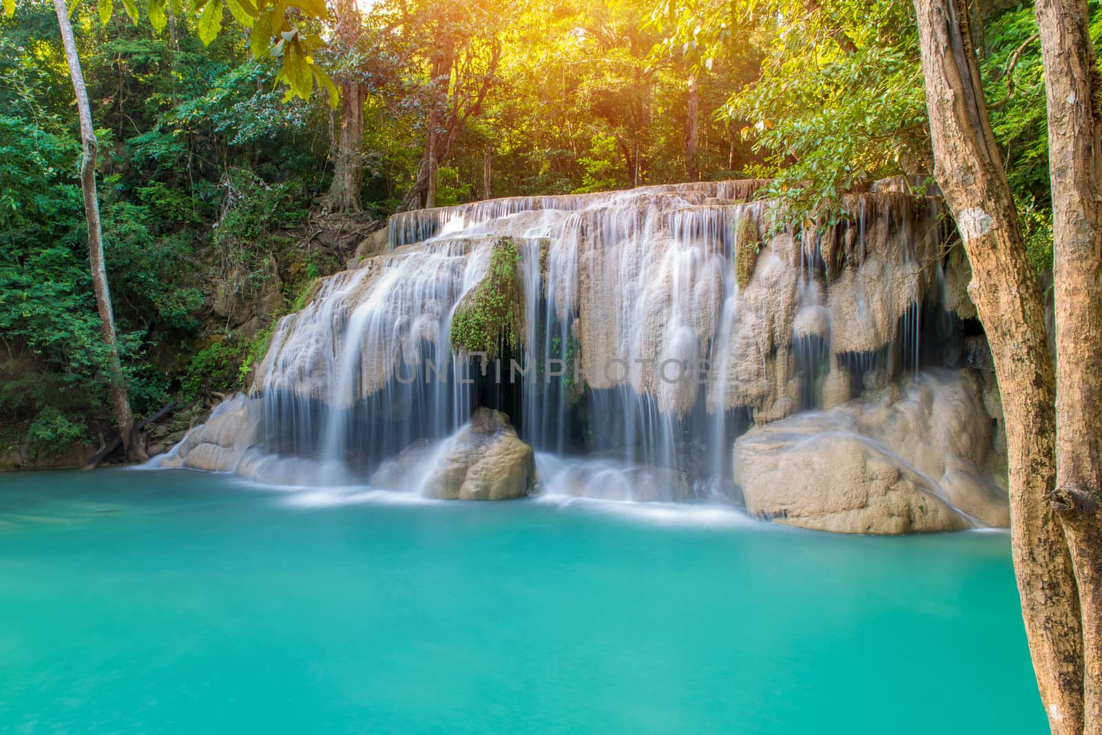 Waterfall in Deep forest at Erawan waterfall National Park, Thailand.