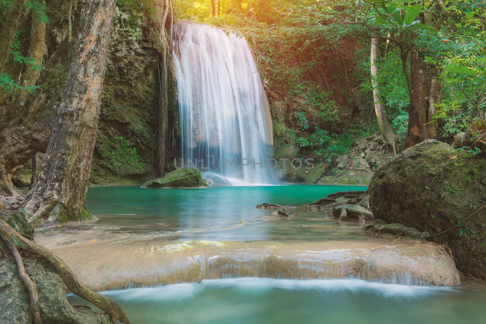 Waterfall in Deep forest at Erawan waterfall National Park, Thailand.