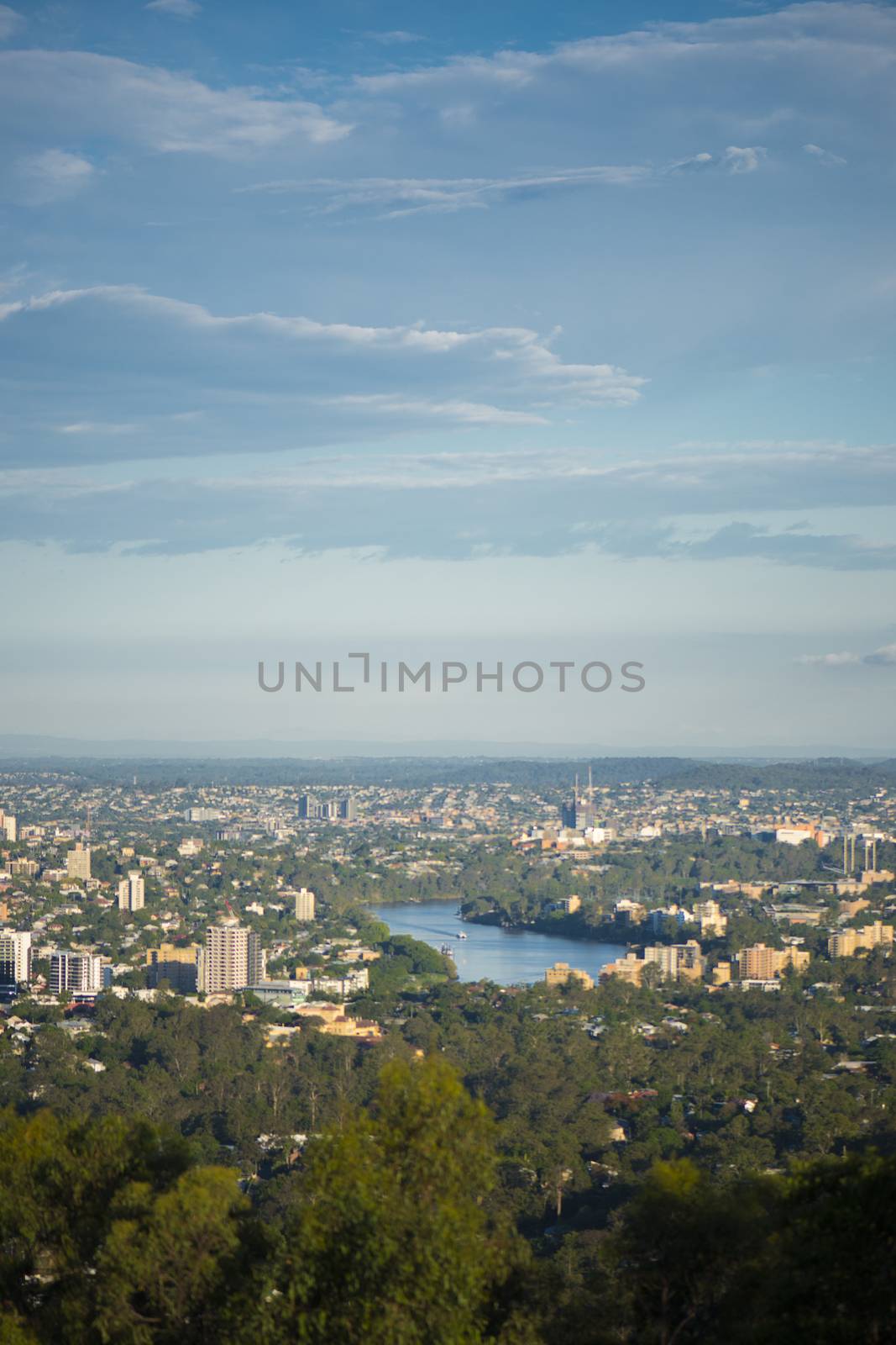 View of Brisbane and surrounding suburbs from Mount Coot-tha at during the day. Queensland, Australia.