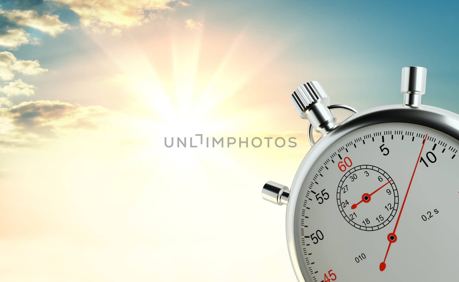 Analog stopwatch against the background of sunrise. The concept of speed and achievements. 3d illustration