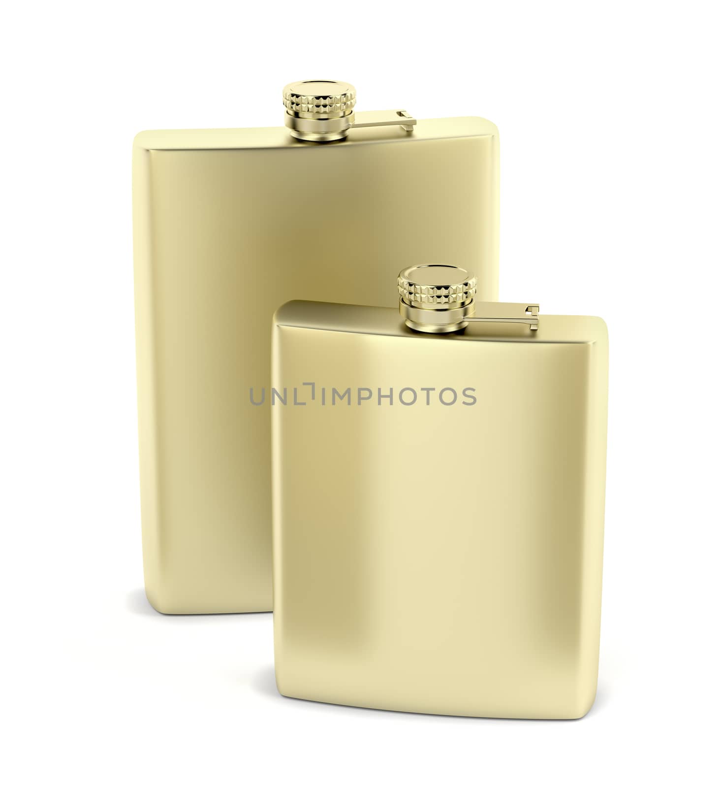 Two golden hip flasks with different sizes on white background