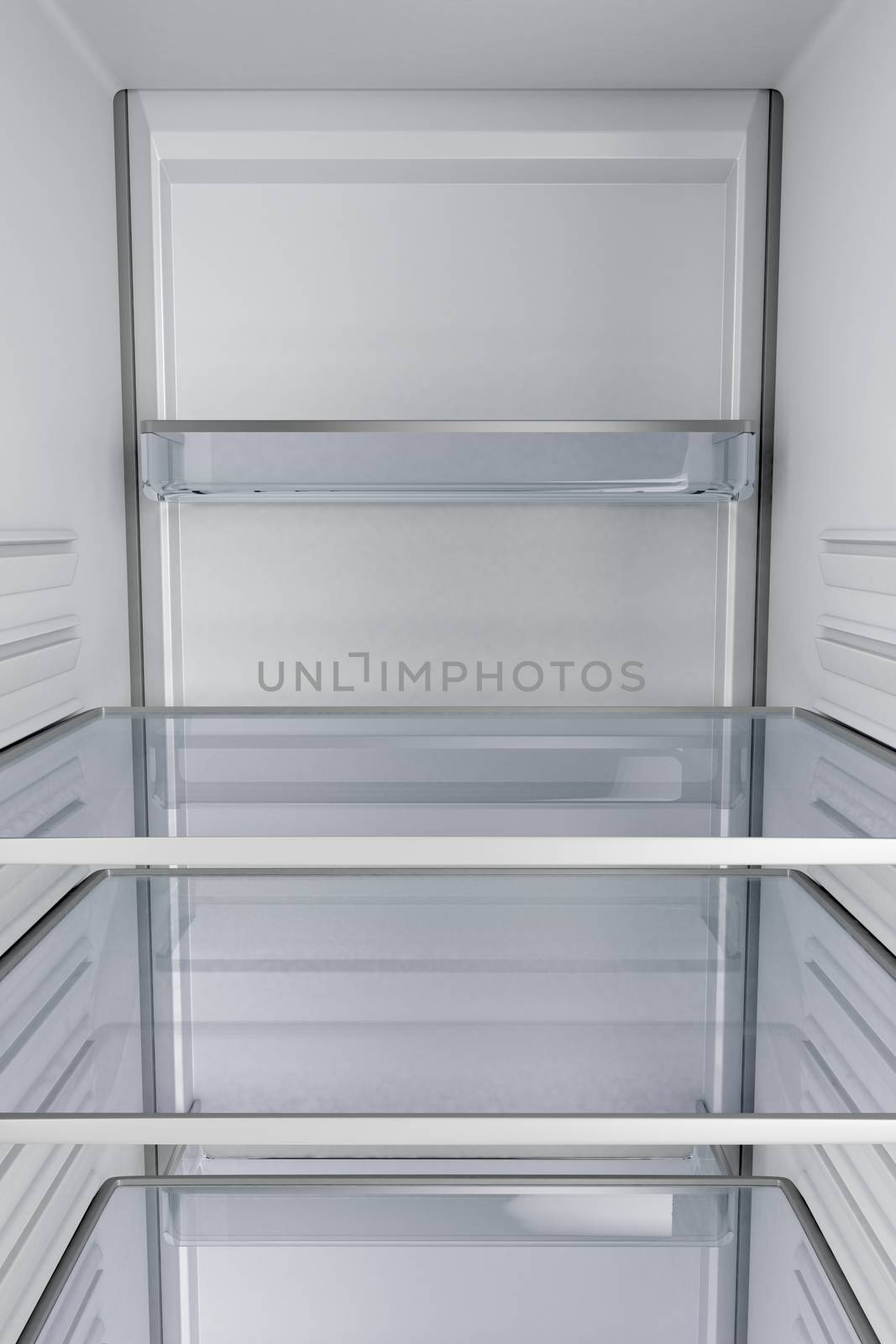 View from inside of an empty fridge with closed door