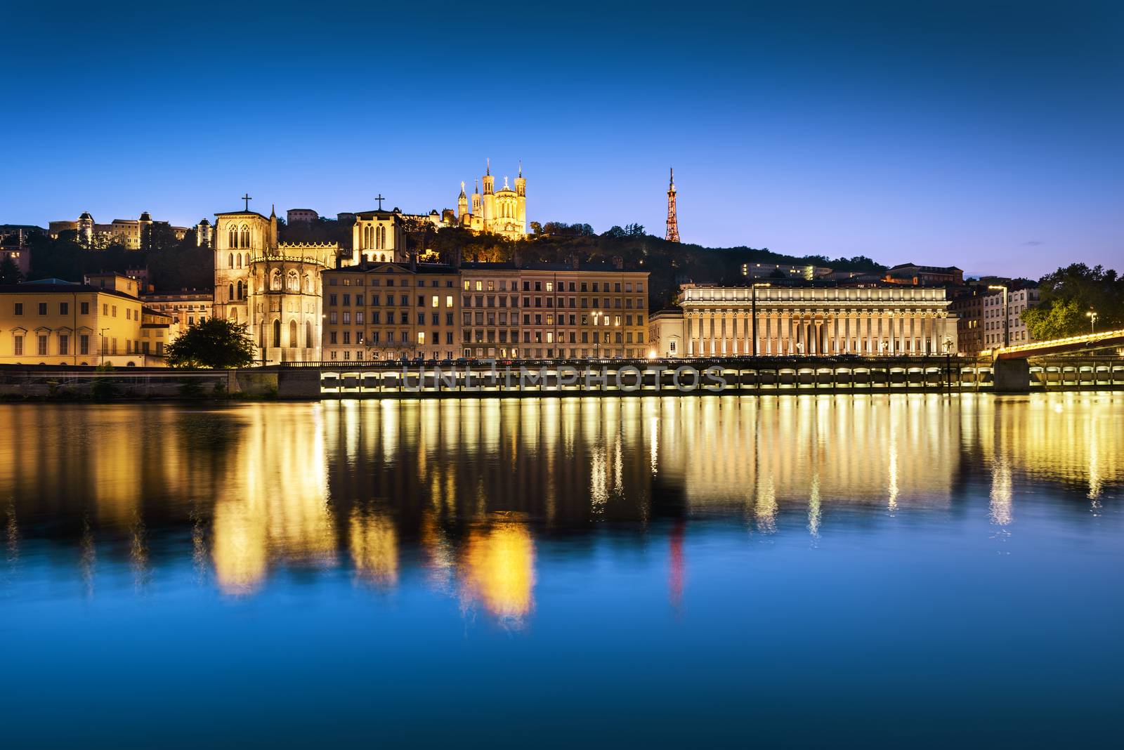 night view from Lyon city near the Fourviere cathedral and Saône river