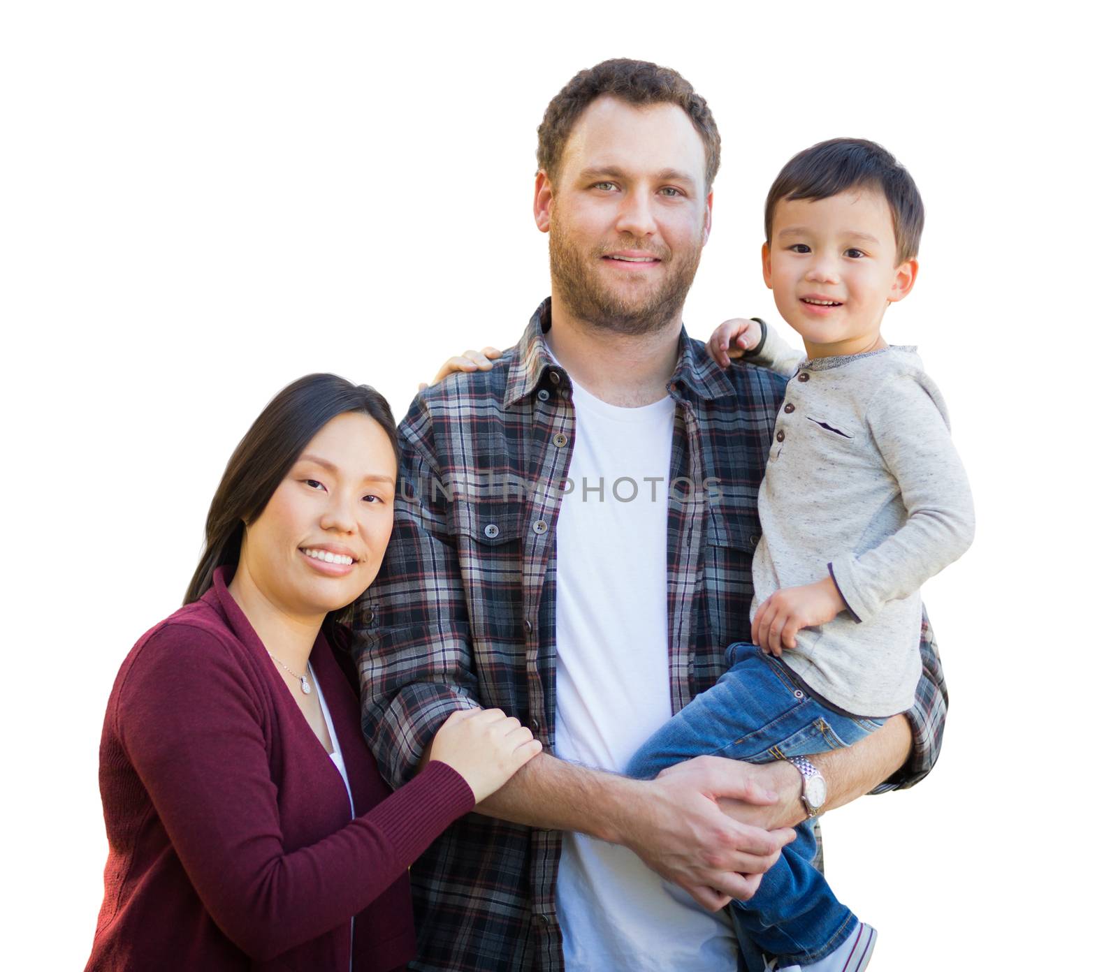 Mixed Race Chinese and Caucasian Parents and Child Isolated on a White Background. by Feverpitched