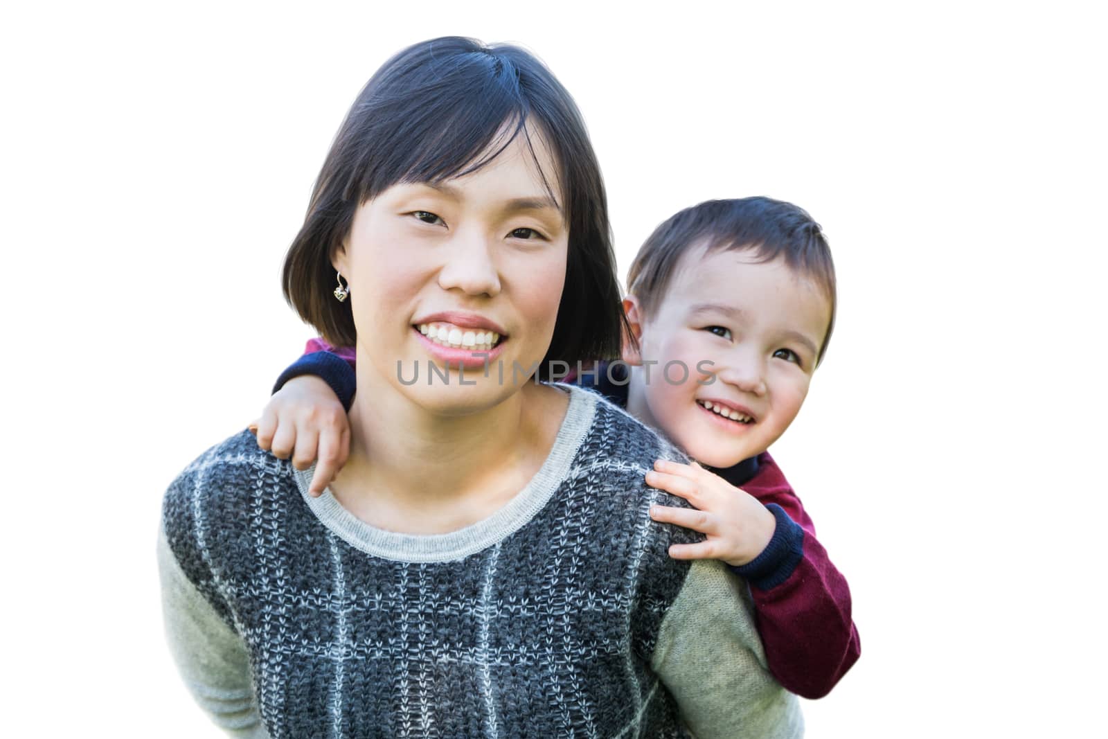 Chinese Mother and Mixed Race Child Isolated on a White Background.