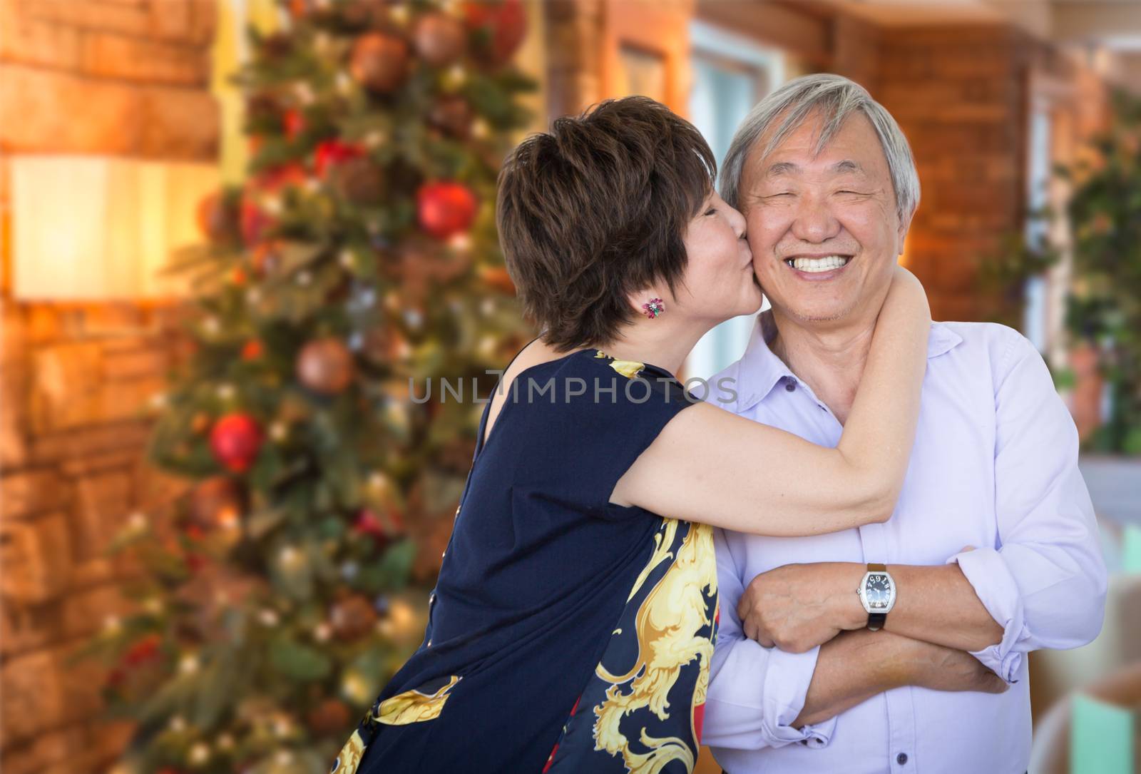 Happy Senior Chinese Couple Kissing In Front of Decorated Christmas Tree. by Feverpitched