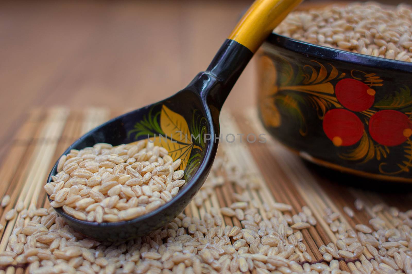 The wooden spoon painted under Khokhloma with pearl barley