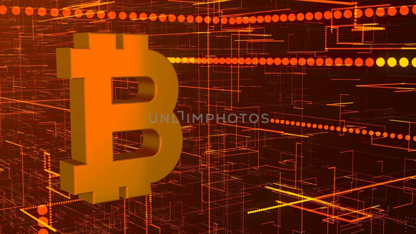 Abstract technology background with bitcoin sign. 3d rendering