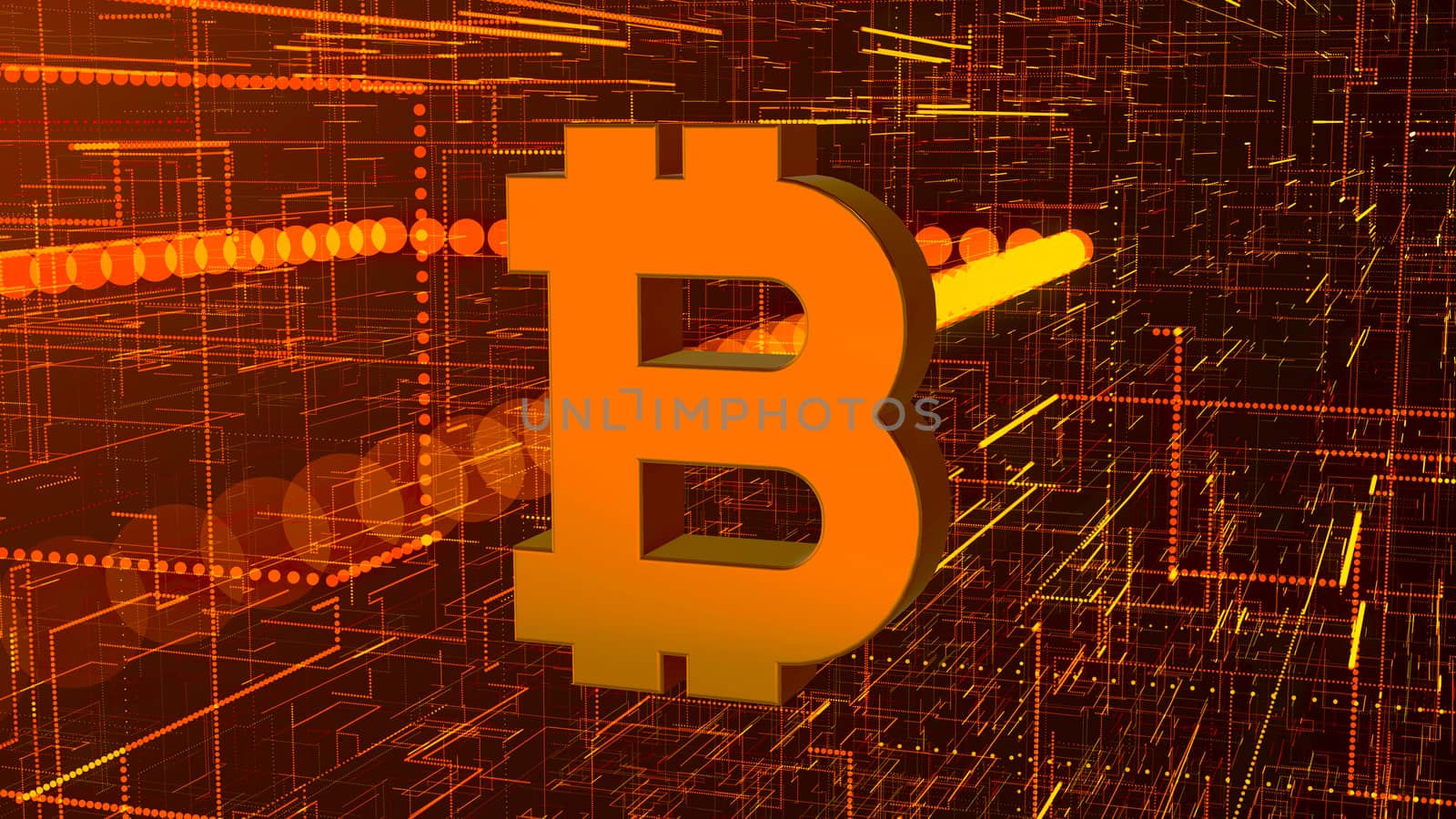 Abstract technology background with bitcoin sign. 3d rendering