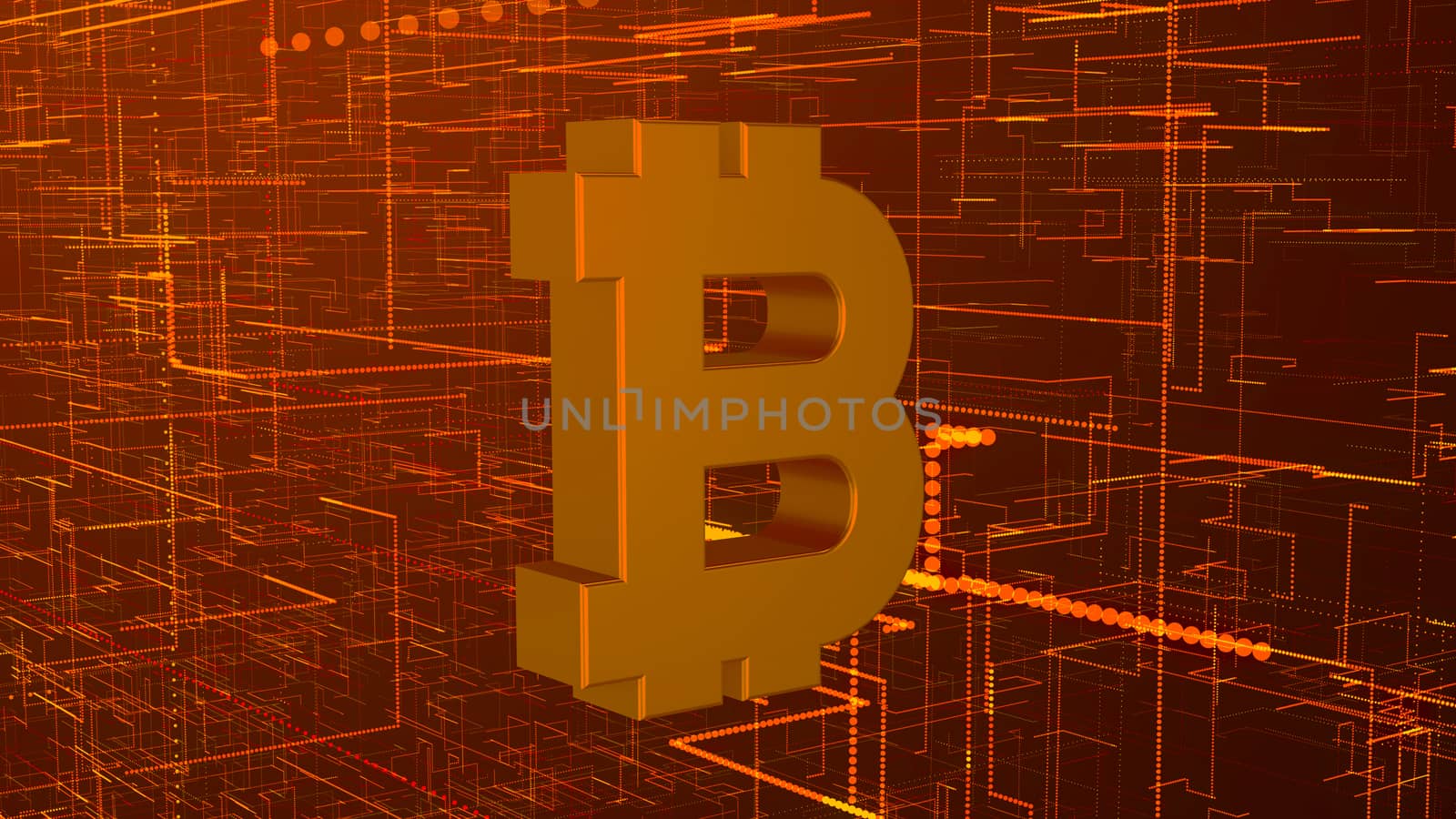 Abstract technology background with bitcoin sign. 3d rendering