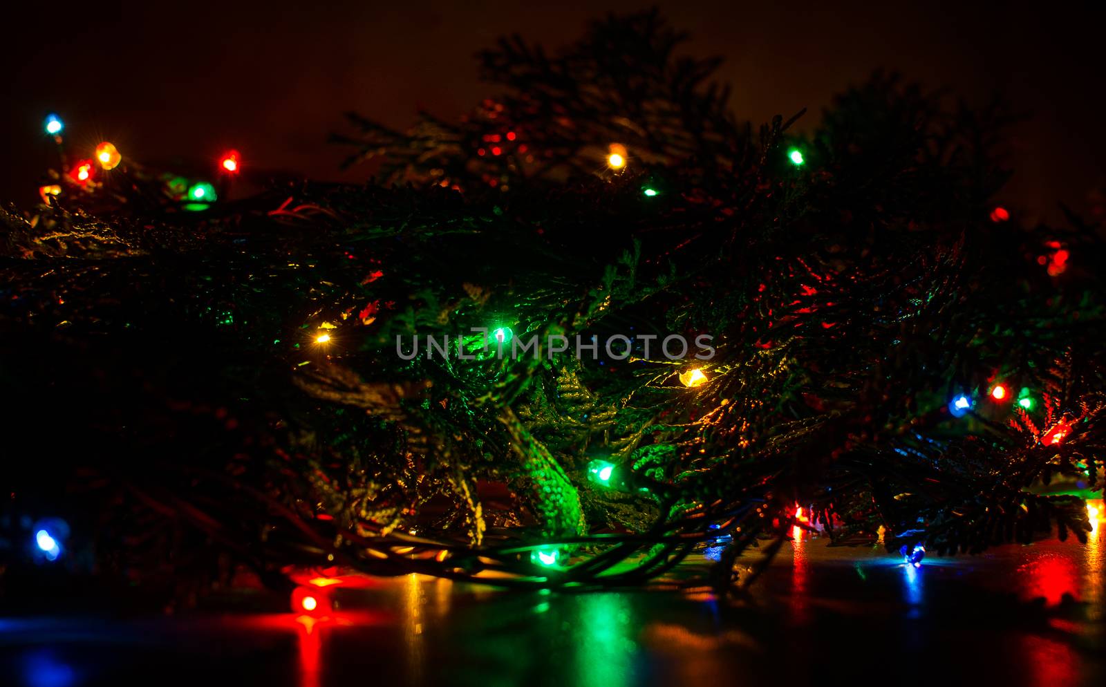 Christmas lights on a tree in different colors are classic symbol of Christmas.