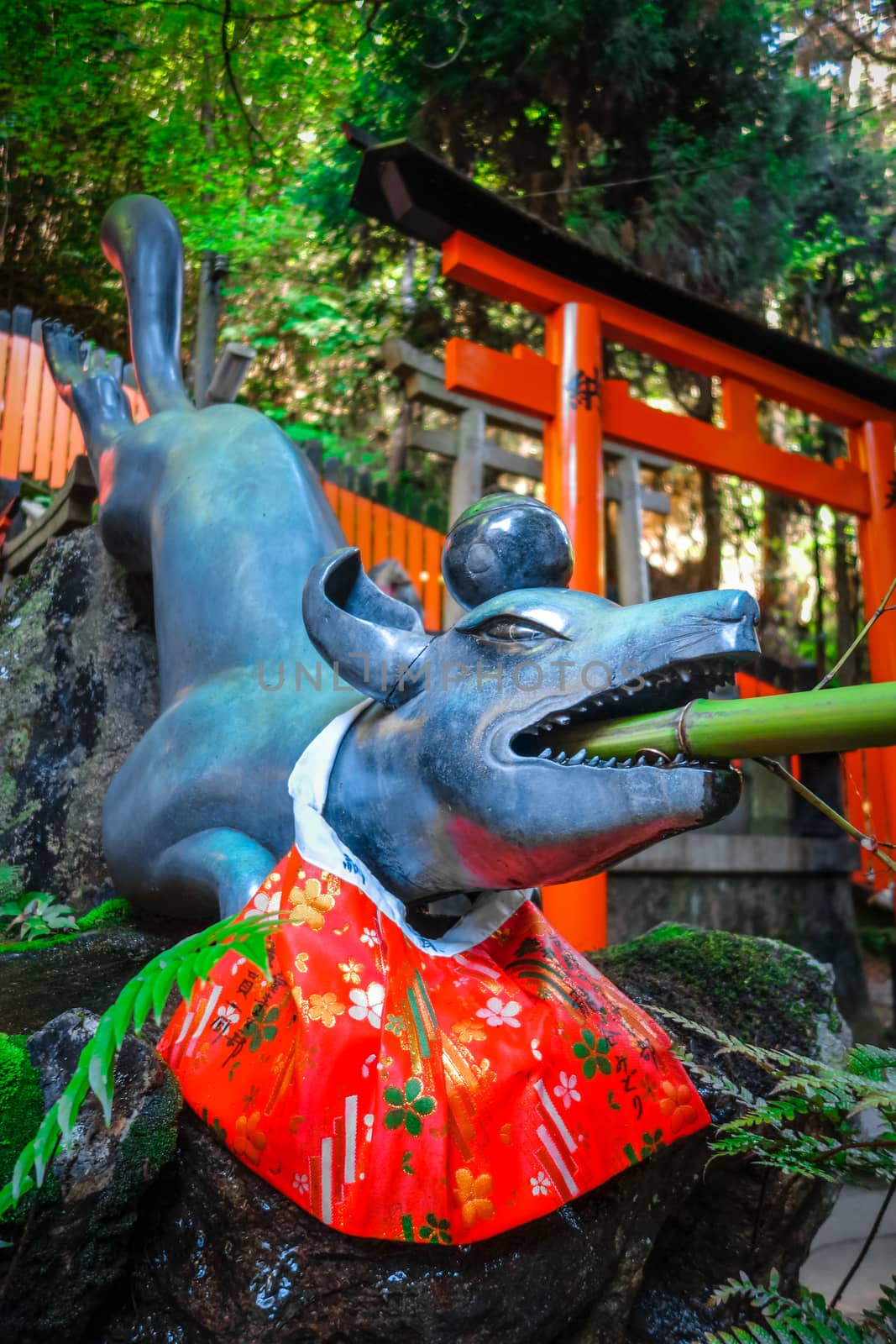 Fox purification fountain at Fushimi Inari Taisha torii shrine, Kyoto, Japan